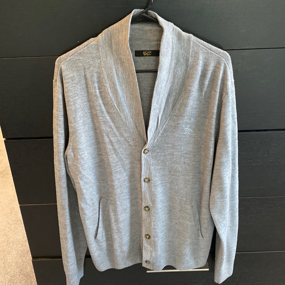 Men’s Grey Merino Wool Penguin Collared Cardigan - L